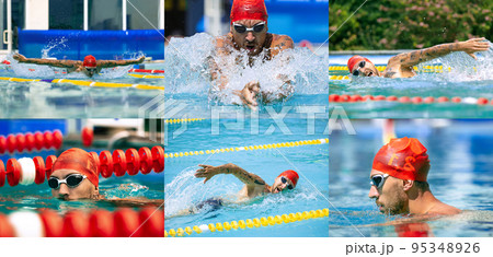 Water sports. Male professional swimmer in goggles and red swimming cap swimming at public pool, at open-air. Sport, power, energy, style, hobby concept. Water sports. Male professional swimmer in goggles and red swimming cap swimming at public pool, at open-air. Sport, power, energy, style, hobby concept. 95348926