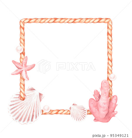 Square rope frame with seashells and corals.Watercolor illustration. Isolated on a white background. Square rope frame with seashells and corals.Watercolor illustration. Isolated on a white background. 95349121