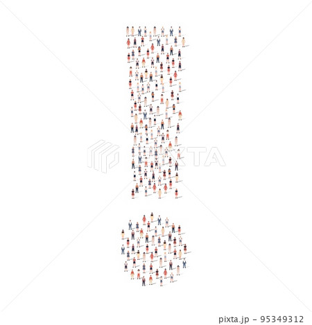 Large group of people different silhouette crowded together in exclamation shape isolated on white background. Vector illustration 95349312
