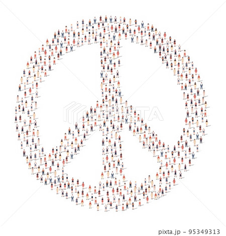 Large group of people different silhouette crowded together in peace mark shape isolated on white background. Vector illustration 95349313