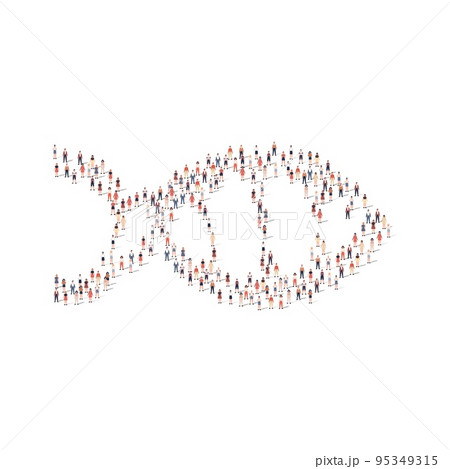 Large group of people silhouette crowded together in fish shape isolated on white background. Vector illustration 95349315