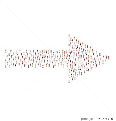 Large group of people silhouette crowded together in arrow right direction shape isolated on white background. Vector illustration 95349316