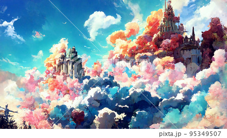 イラスト 絵画 雲 城 ファンタジー 天空 青空 95349507