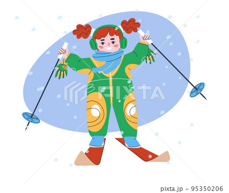 Smiling girl in winter overalls is skiing on a snowy winter day. Teen active hobby. Flat vector illustration. Eps10. Vector illustration 95350206