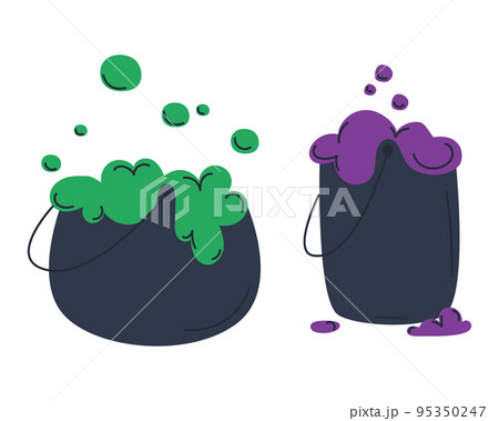 Two black cauldrons with a magic potion. Flat vector illustration. Eps10. Vector illustration 95350247