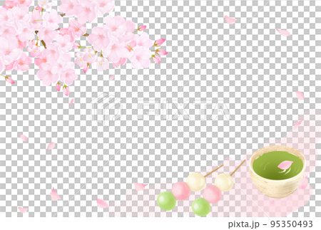 Cherry tree and petals-Tea and three-color dumpling Japanese style illustration set-Hand drawn material 95350493