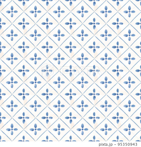 Beautiful vector seamless pattern with watercolor hand drawn blue dutch style tiles . Stock illustration. 95350943