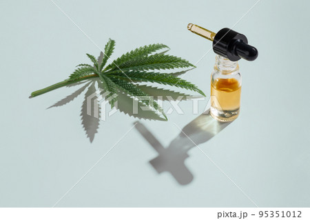 Set of legalized marijuana features with CBD oil product, hemp leaf and bud. 95351012
