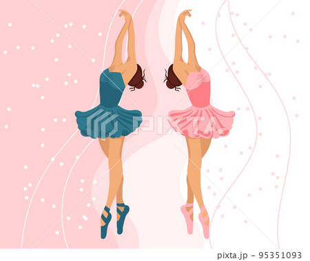 A pair of dancing ballerinas in dresses and pointe shoes on an abstract background. Illustration, vector A pair of dancing ballerinas in dresses and pointe shoes on an abstract background. Illustration, vector 95351093