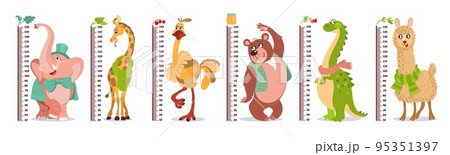 Cartoon kids growth rulers. Cute animals with wall measuring meter scales. Elephant and giraffe. Babies height centimeter measurement. Bear and ostrich. Splendid vector stadiometers set 95351397