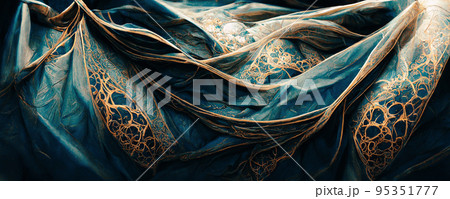 Spectacular pattern of blue and gold silk. Digital art 3D illustration. 95351777