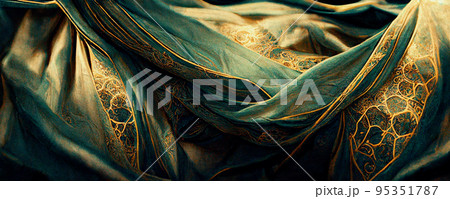 Spectacular and luxurious green and golden fabric. Digital art 3D illustration. Spectacular and luxurious green and golden fabric. Digital art 3D illustration. 95351787