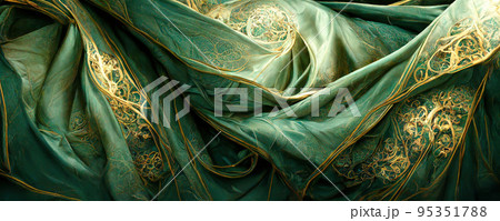 Spectacular and luxurious green and golden fabric. Digital art 3D illustration. 95351788