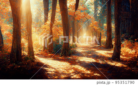 Spectacular autumn forest with golden sunlight Digital art 3D illustration. Spectacular autumn forest with golden sunlight Digital art 3D illustration. 95351790