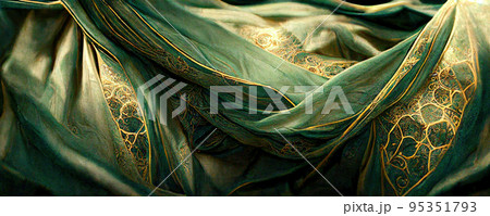 Spectacular and luxurious green and golden fabric. Digital art 3D illustration. 95351793