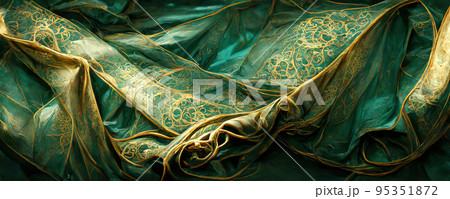 Spectacular and luxurious green and golden fabric. Digital art 3D illustration. 95351872