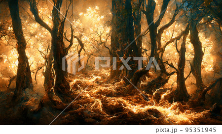 Dark scary forest cursed by witch spell spectacular 3D illustration Dark scary forest cursed by witch spell spectacular 3D illustration 95351945