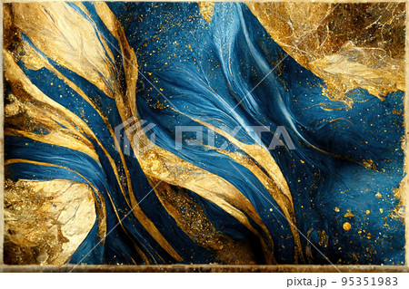Spectacular dark blue and gold ink swirled around. Digital art 3D illustration. 95351983
