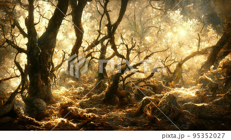 Dark scary forest cursed by witch spell spectacular 3D illustration Dark scary forest cursed by witch spell spectacular 3D illustration 95352027