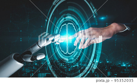 Futuristic robot artificial intelligence enlightening AI technology concept 95352035