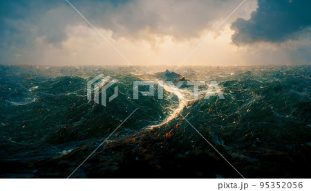 Spectacular stormy ocean with rough wave. Digital art 3D illustration. 95352056