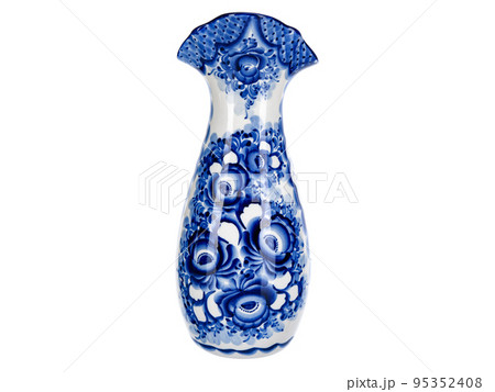 Cobalt Blue Porcelain Ceramic Vase Isolated on white. Traditional folk painting with pattern. Decor for interior design of premises, use for flower 95352408