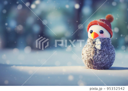 Cute snowman standing on snowy field in winter Christmas and happy new year greeting card Cute snowman standing on snowy field in winter Christmas and happy new year greeting card 95352542