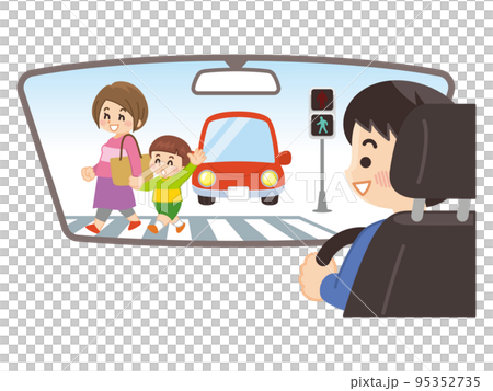車内から横断歩道を渡る親子を確認する男性　交通安全 95352735