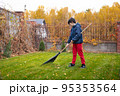 Little boy with a rake cleaning fallen leaves in the autumn yard garden. Kids and housework concept. Little boy helping with backyard cleaning. Children play outdoors. Little helper. 95353564