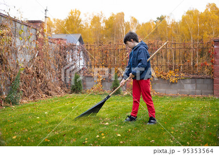 Little boy with a rake cleaning fallen leaves in the autumn yard garden. Kids and housework concept. Little boy helping with backyard cleaning. Children play outdoors. Little helper. Little boy with a rake cleaning fallen leaves in the autumn yard garden. Kids and housework concept. Little boy helping with backyard cleaning. Children play outdoors. Little helper. 95353564
