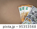 Paper money banknotes dollars and euros on a brown background with a vintage paper texture. Close up. Copy Space. Grunge 95353568