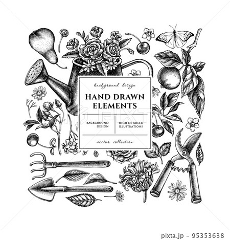 Gardening square card or invitation design. Frame design with watering can, apples, cherry, rose, pears, shovel, rake, secateurs, chamomile, sunflower, forget me not flower, great orange-tip, roses. Gardening square card or invitation design. Frame design with watering can, apples, cherry, rose, pears, shovel, rake, secateurs, chamomile, sunflower, forget me not flower, great orange-tip, roses. 95353638