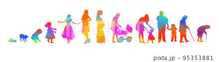 Editable vector colorful silhouettes of different stages of a woman's life . Vector illustration 95353881