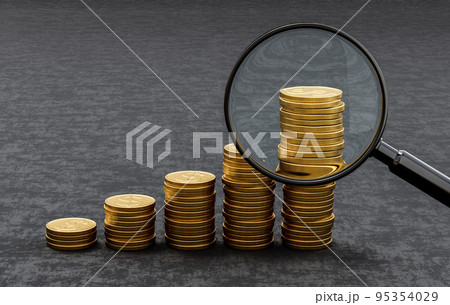 Rising Heaps of Coins on Dark Background with Magnifier Glass 95354029