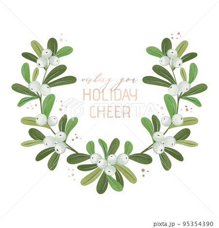 Christmas wreath, Green mistletoe branches, white berries. Winter Xmas holiday design greeting card template 95354390