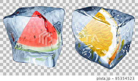 Transparent ice cubes with slices of watermelon and orange 95354523