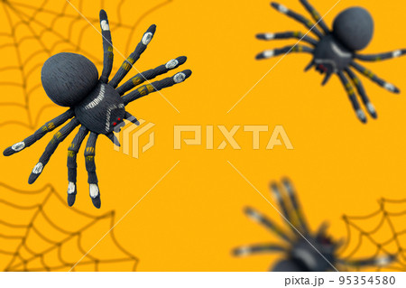 Black spiders on an orange background with space for text. Halloween theme. Poster, banner. Black spiders on an orange background with space for text. Halloween theme. Poster, banner. 95354580