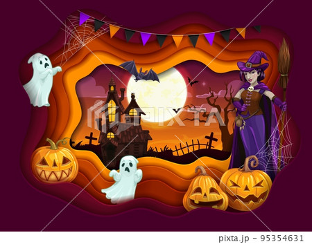 Halloween paper cut cartoon witch, pumpkins, ghosts and landscape. Vector party poster with hag in purple dress holding broom, jack lanterns, spooky ghost at haunted creepy castle on cemetery at night Halloween paper cut cartoon witch, pumpkins, ghosts and landscape. Vector party poster with hag in purple dress holding broom, jack lanterns, spooky ghost at haunted creepy castle on cemetery at night 95354631