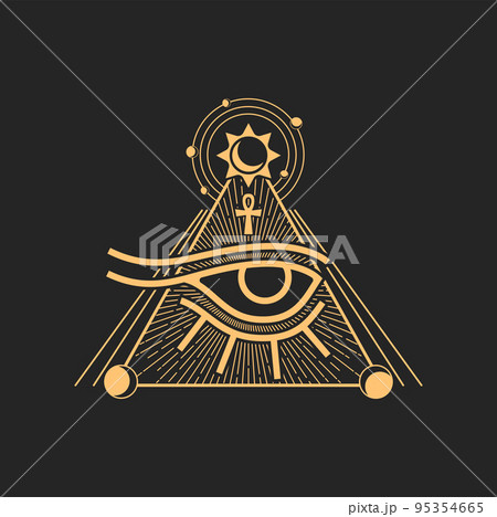 Horus eye ancient Egypt sign, pyramid and egyptian cross, occultism holistic vision sign, tribal all seeing eye. Vector prediction tarot magic sign 95354665