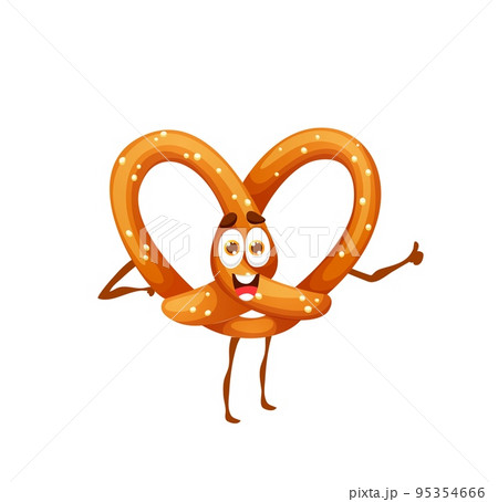 Funny pretzel cartoon character. Isolated vector confectionery, cheerful bretzel personage for kids cafe menu. Pastry or bakery dessert with sprinkles. Cute oktoberfest patisserie 95354666