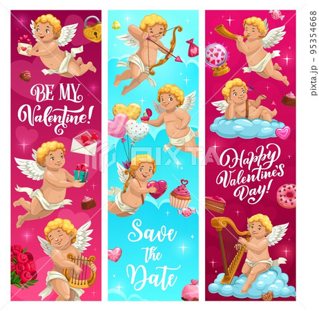 Valentine day holiday banners with cartoon cupids angels and vector heart balloons. Be My Valentine love holiday kiss lips, hears and gifts with roses and cupid angels with arrows and harp on clouds Valentine day holiday banners with cartoon cupids angels and vector heart balloons. Be My Valentine love holiday kiss lips, hears and gifts with roses and cupid angels with arrows and harp on clouds 95354668