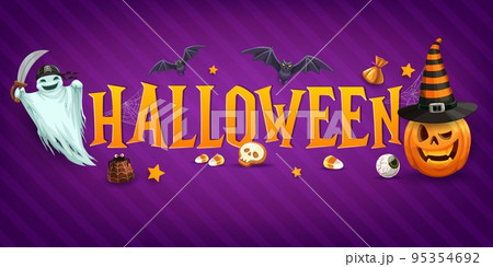 Halloween banner with sweets and cartoon characters. Pirate ghost personage, Jack o lantern pumpkin in witch hat and creepy trick or treat candies, bats, cobweb. Halloween horizontal vector background 95354692