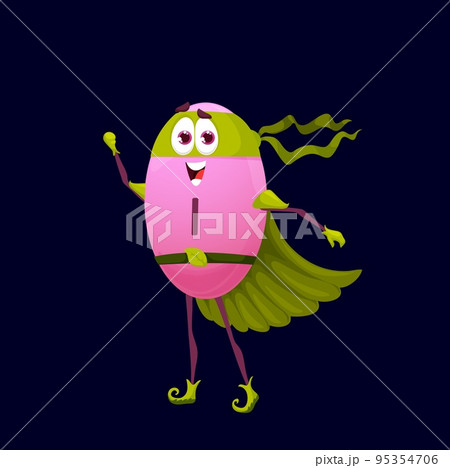 Cartoon iodine superhero micronutrient character. Isolated vector funny I mineral or nutrient bubble in green super hero cloak and mask. Fairytale defender personage, comic food supplement capsule Cartoon iodine superhero micronutrient character. Isolated vector funny I mineral or nutrient bubble in green super hero cloak and mask. Fairytale defender personage, comic food supplement capsule 95354706