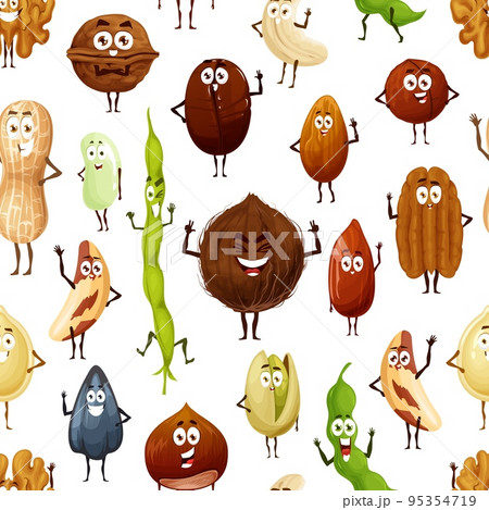 Cheerful cartoon nuts and beans characters seamless pattern. Vector coconut and peanut, walnut, pistachio, cashew, brazil and pecan, almond, macadamia, sunflower, pumpkin, soy and coffee bean pattern 95354719