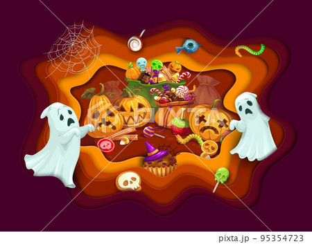 Halloween paper cut cartoon candies and sweets. Vector background with 3d effect wavy papercut frame, funny ghosts characters, pumpkins, spider web and lot of holiday trick or treat pastry for party Halloween paper cut cartoon candies and sweets. Vector background with 3d effect wavy papercut frame, funny ghosts characters, pumpkins, spider web and lot of holiday trick or treat pastry for party 95354723