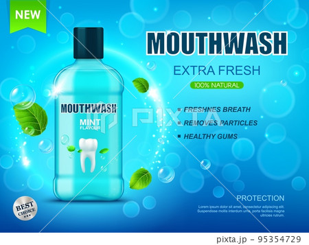 Realistic cool mint mouse rinse or mouthwash bottle. Dental care mouthwash 3d container promo banner. Oral hygiene rinse, breath refreshing liquid realistic vector background with mint leaves, droplet Realistic cool mint mouse rinse or mouthwash bottle. Dental care mouthwash 3d container promo banner. Oral hygiene rinse, breath refreshing liquid realistic vector background with mint leaves, droplet 95354729