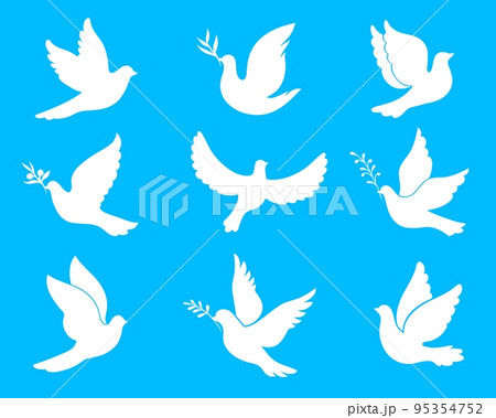 Christmas or wedding dove and pigeon birds. Winter season holiday, merry Xmas animal symbol, Christianity peace love and hope spirit vector icon, silhouettes or flying white bird with branch in beak Christmas or wedding dove and pigeon birds. Winter season holiday, merry Xmas animal symbol, Christianity peace love and hope spirit vector icon, silhouettes or flying white bird with branch in beak 95354752