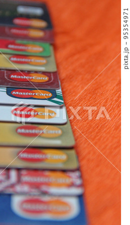Modern payment systems. Mastercard credit cards close up 95354971