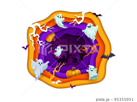 Halloween paper cut flying cartoon funny ghosts on cemetery. 3d vector art with spooks, pumpkins, bats and tree branches, old night graveyard inside of layered wavy papercut frame on white background Halloween paper cut flying cartoon funny ghosts on cemetery. 3d vector art with spooks, pumpkins, bats and tree branches, old night graveyard inside of layered wavy papercut frame on white background 95355051