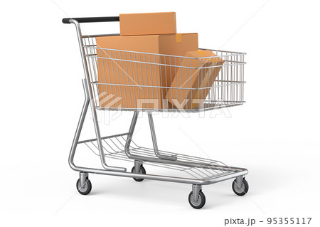 Shopping cart or trolley with cardboard boxes on white background. Shopping cart or trolley with cardboard boxes on white background. 95355117